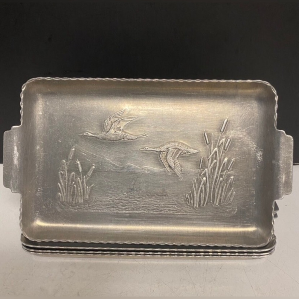 Hammered Aluminum Small Trays Flying Geese Cattails Set of 4